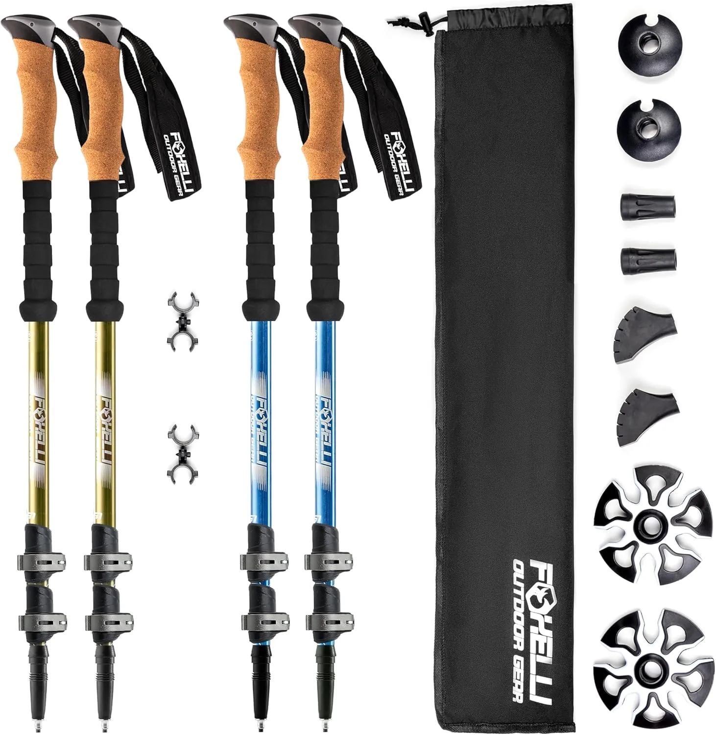 Foxelli Hiking Poles Bundle (2 Pairs) – Khaki & Blue Collapsible Lightweight Aircraft-Grade Aluminum Trekking Poles with Accessories