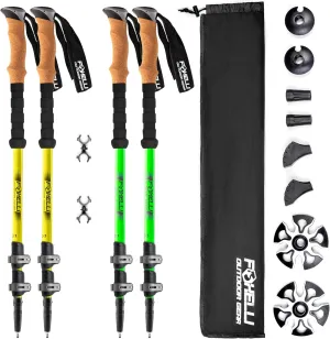 Foxelli Hiking Poles Bundle (2 Pairs) – Yellow & Neon Green Collapsible Lightweight Aircraft-Grade Aluminum Trekking Poles with Accessories