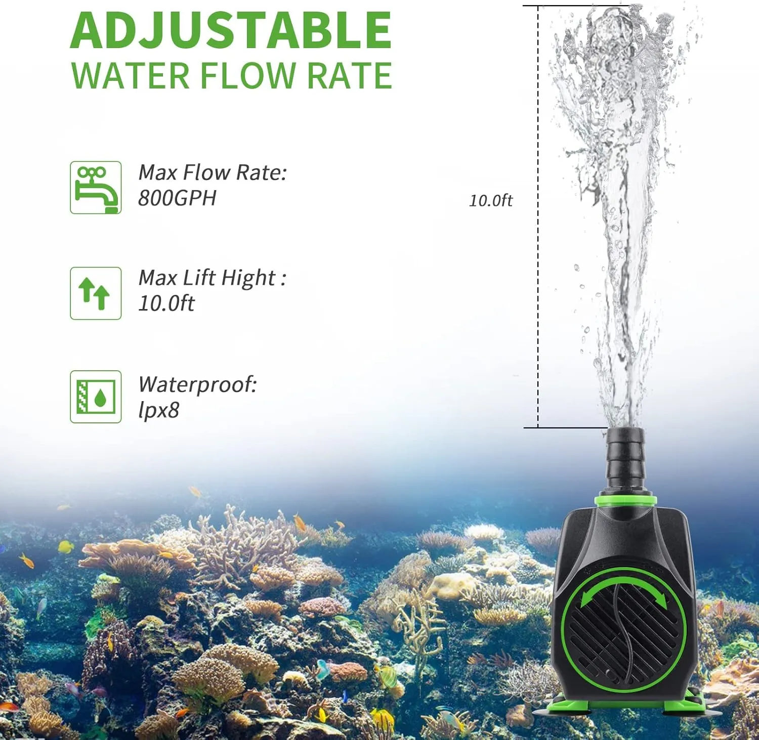 FREESEA Fountain Submersible Water Pump: 800GPH 45W Adjustable Small Pond Pump with 5ft Tubing Hose and 3 Nozzles 10ft High Lift for Outdoor | Hydroponics | Waterfall | Aquarium | Fish tank