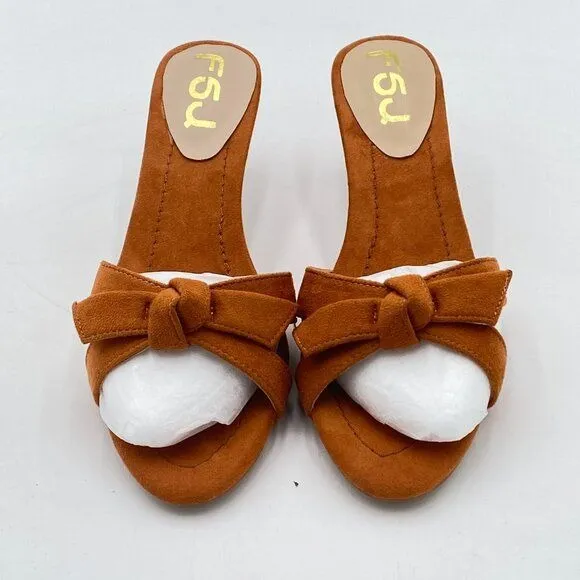 FSJ Light Brown Cute Bowknot Slip On Mule Summer Open Toe Kitten Heel Sandal