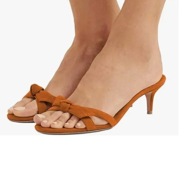 FSJ Light Brown Cute Bowknot Slip On Mule Summer Open Toe Kitten Heel Sandal