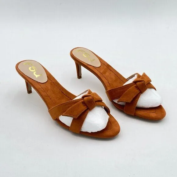 FSJ Light Brown Cute Bowknot Slip On Mule Summer Open Toe Kitten Heel Sandal