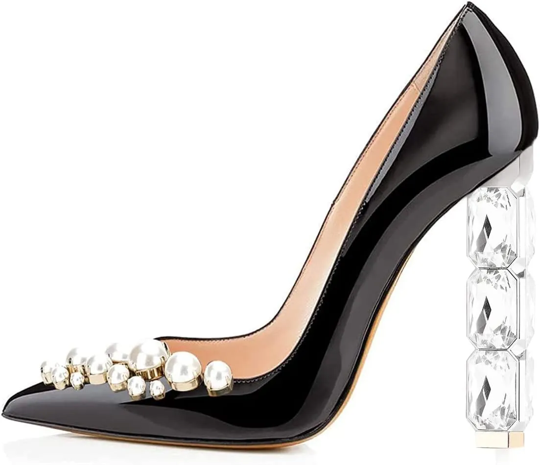 FSJ Women Jeweled High Heel Pointed Toe Pump Slip On Sparkling Crystal Bead Heel Sexy Ladies Bridal Evening Shoes Size 4-15 US