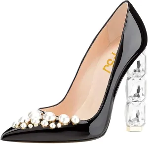 FSJ Women Jeweled High Heel Pointed Toe Pump Slip On Sparkling Crystal Bead Heel Sexy Ladies Bridal Evening Shoes Size 4-15 US