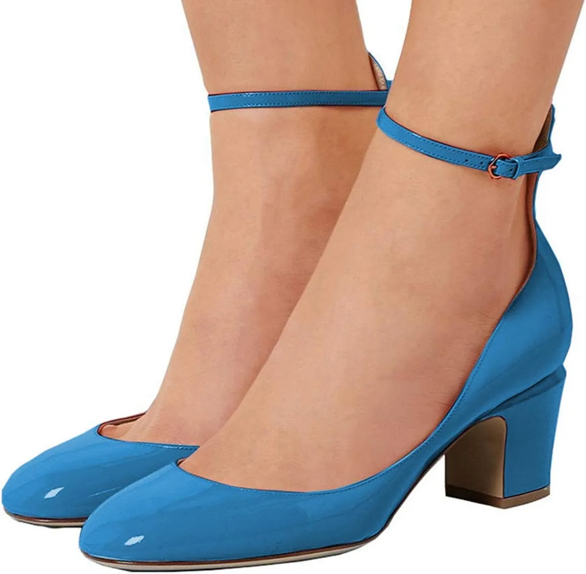 FSJ Women Retro Ankle Strap Mid Heels Dress Pump Almond Toe Patent Leather Shoes Size 4-15 US