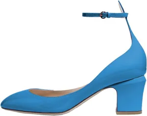 FSJ Women Retro Ankle Strap Mid Heels Dress Pump Almond Toe Patent Leather Shoes Size 4-15 US