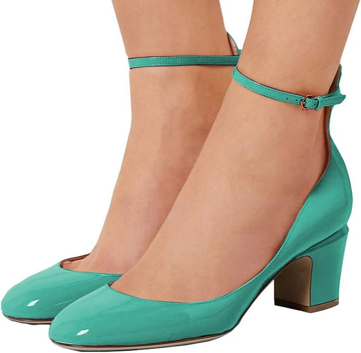 FSJ Women Retro Ankle Strap Mid Heels Dress Pump Almond Toe Patent Leather Shoes Size 4-15 US