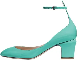 FSJ Women Retro Ankle Strap Mid Heels Dress Pump Almond Toe Patent Leather Shoes Size 4-15 US