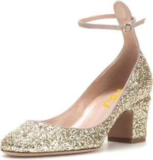 FSJ Women Retro Ankle Strap Mid Heels Dress Pump Almond Toe Patent Leather Shoes Size 4-15 US