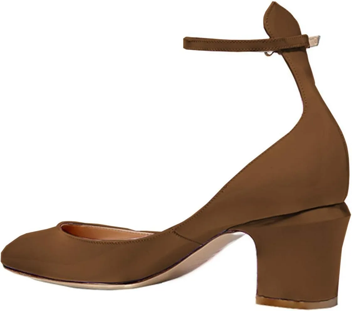 FSJ Women Retro Ankle Strap Mid Heels Dress Pump Almond Toe Patent Leather Shoes Size 4-15 US