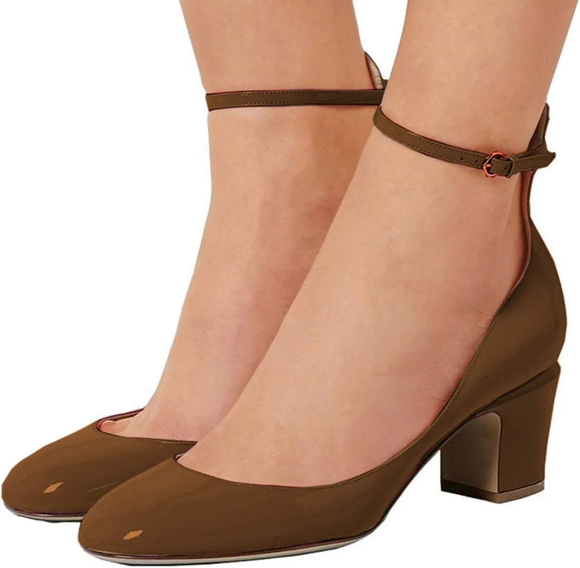 FSJ Women Retro Ankle Strap Mid Heels Dress Pump Almond Toe Patent Leather Shoes Size 4-15 US