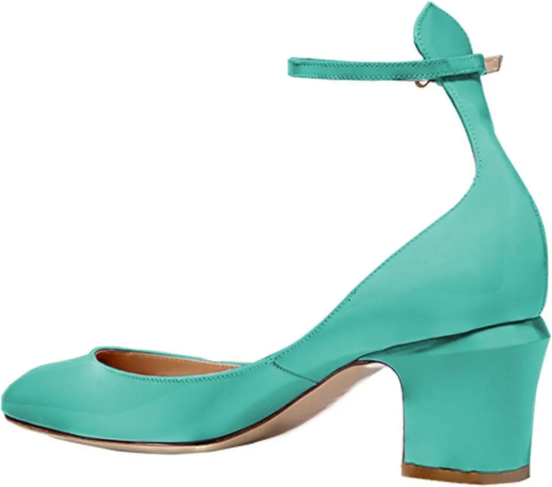 FSJ Women Retro Ankle Strap Mid Heels Dress Pump Almond Toe Patent Leather Shoes Size 4-15 US