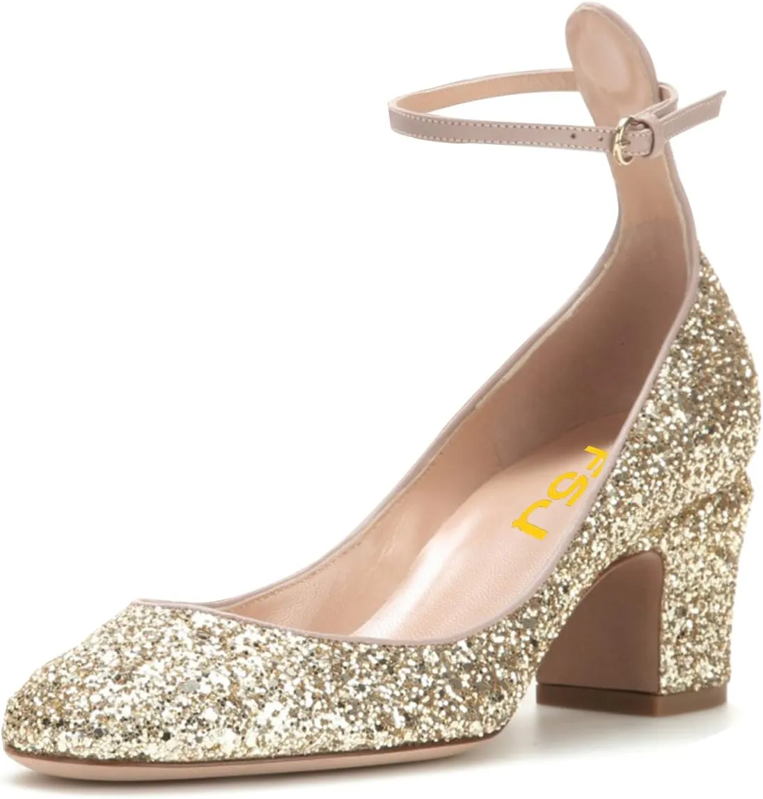 FSJ Women Retro Ankle Strap Mid Heels Dress Pump Almond Toe Patent Leather Shoes Size 4-15 US