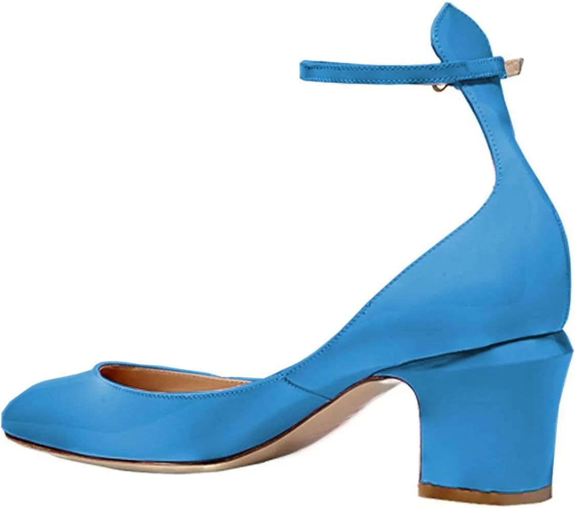 FSJ Women Retro Ankle Strap Mid Heels Dress Pump Almond Toe Patent Leather Shoes Size 4-15 US