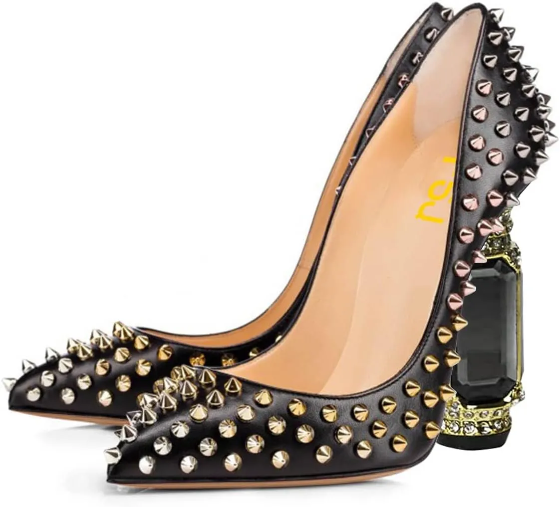 FSJ Women Sexy Studded Rivets Crystal Chunky High Heel Pumps Classic Closed Pointed Toe Slip On Basic Spikes Heel Ladies Party Wedding Shoes Size 4-16 US