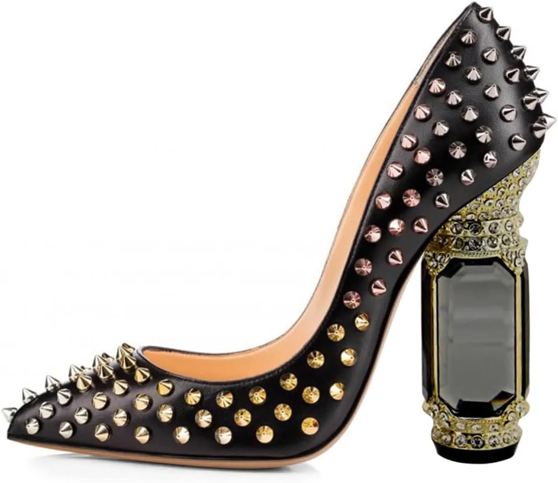 FSJ Women Sexy Studded Rivets Crystal Chunky High Heel Pumps Classic Closed Pointed Toe Slip On Basic Spikes Heel Ladies Party Wedding Shoes Size 4-16 US