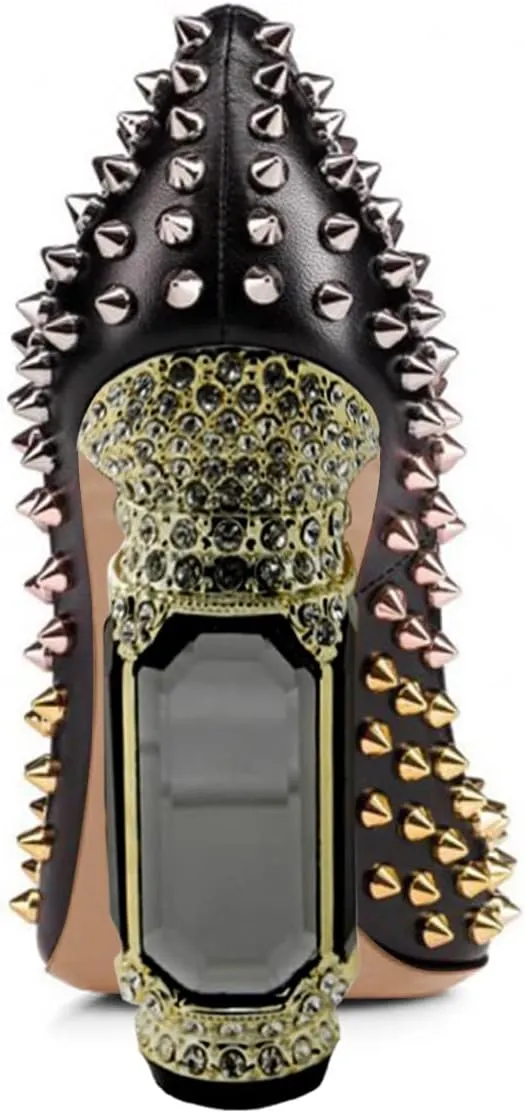 FSJ Women Sexy Studded Rivets Crystal Chunky High Heel Pumps Classic Closed Pointed Toe Slip On Basic Spikes Heel Ladies Party Wedding Shoes Size 4-16 US