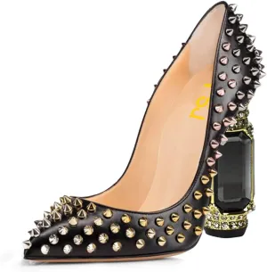 FSJ Women Sexy Studded Rivets Crystal Chunky High Heel Pumps Classic Closed Pointed Toe Slip On Basic Spikes Heel Ladies Party Wedding Shoes Size 4-16 US