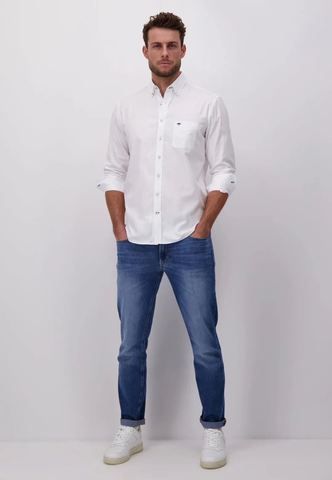 FYNCH HATTON OXFORD COTTON L/S SHIRT - WHITE