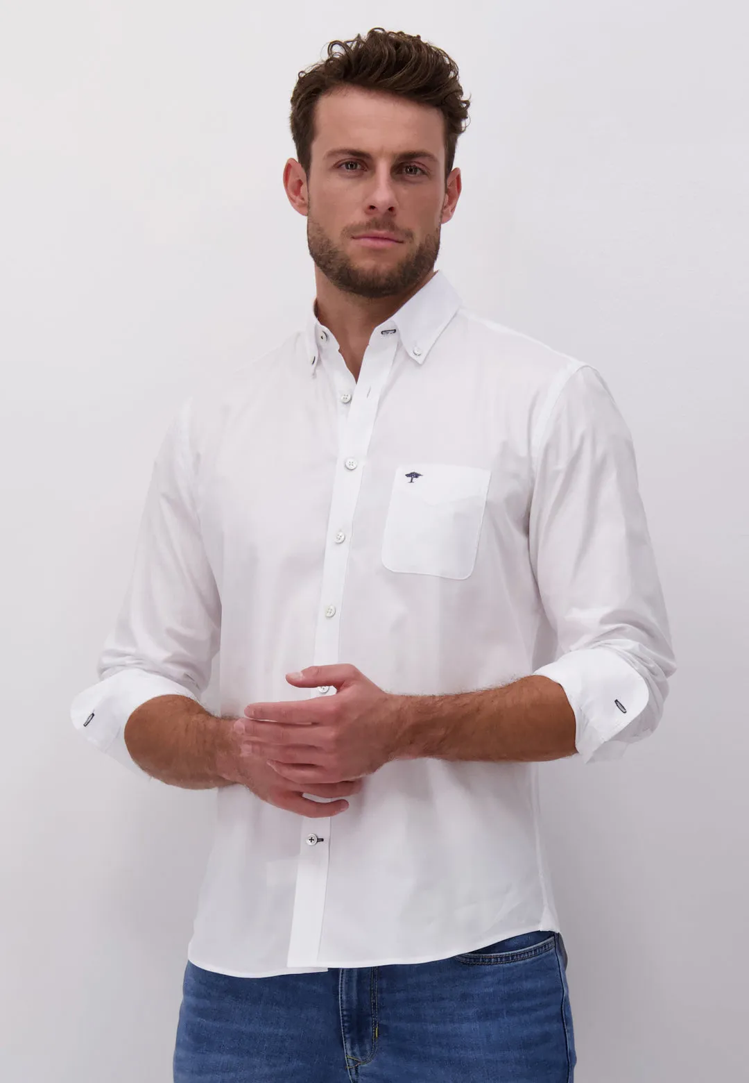 FYNCH HATTON OXFORD COTTON L/S SHIRT - WHITE