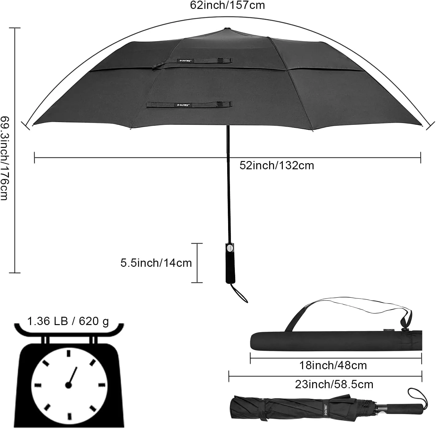 G4Free 62 Inch Portable Golf Umbrella Large Oversize Double Canopy Vented Windproof Waterproof Automatic Open Stick Umbrellas for Men Women(Black)