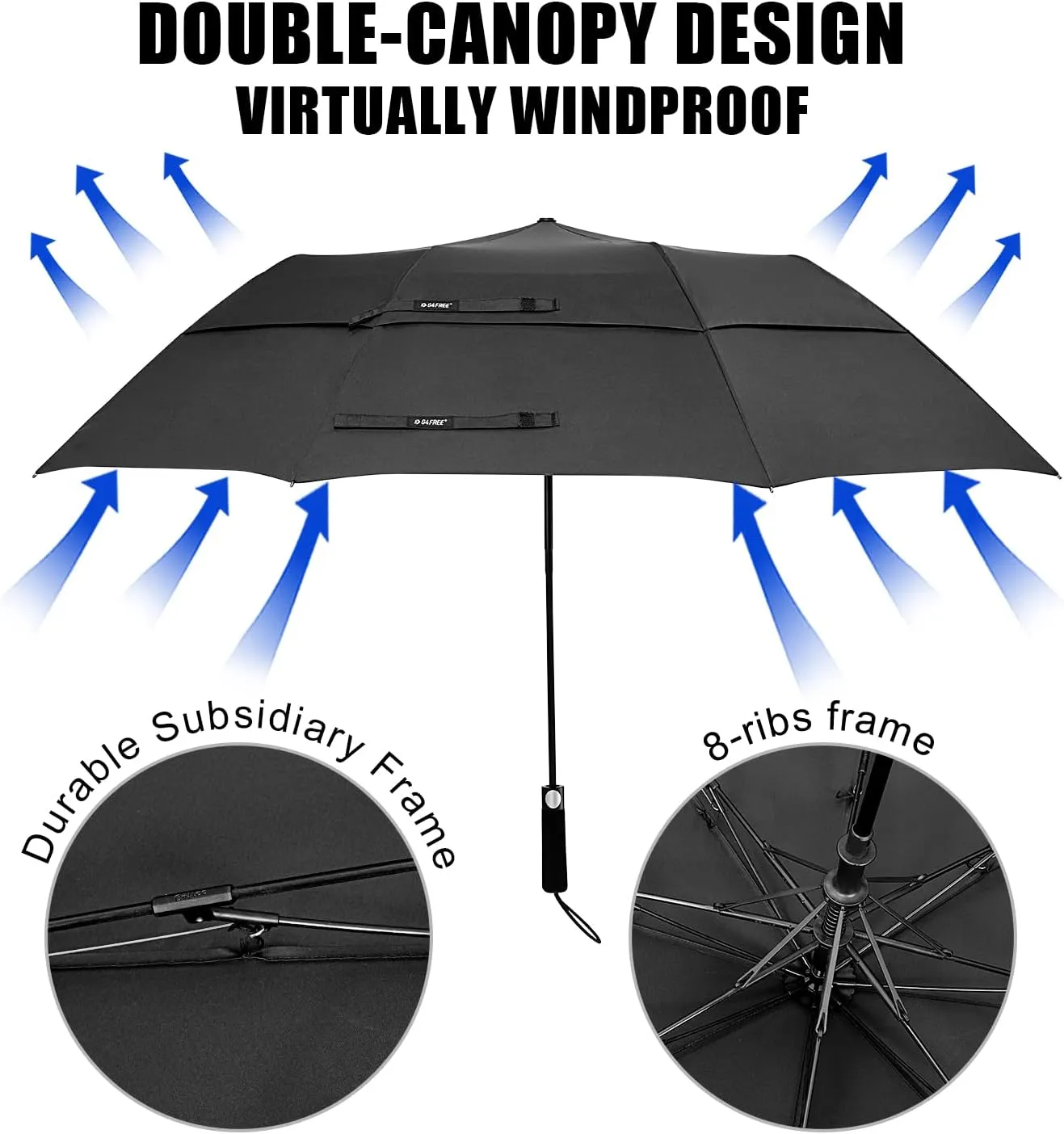 G4Free 62 Inch Portable Golf Umbrella Large Oversize Double Canopy Vented Windproof Waterproof Automatic Open Stick Umbrellas for Men Women(Black)