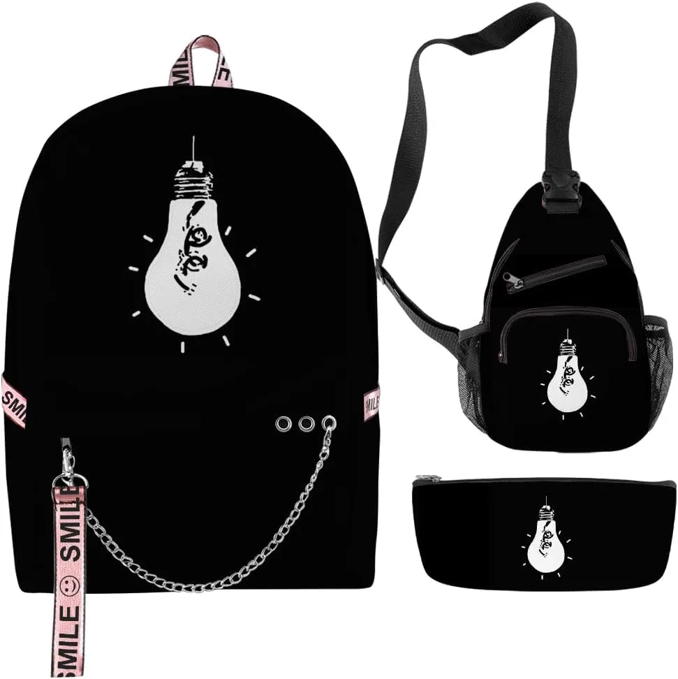 Game Omori Merch Backpack Three-piece Sets Casual Fashion Kpop Bags Travel Daypacks (Black-Suit)