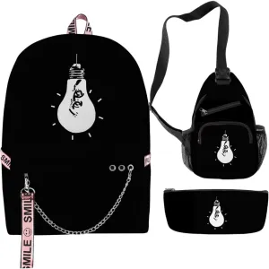 Game Omori Merch Backpack Three-piece Sets Casual Fashion Kpop Bags Travel Daypacks (Black-Suit)