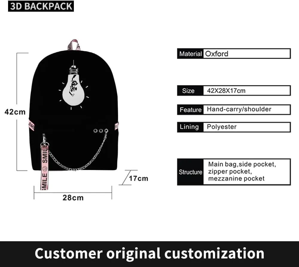 Game Omori Merch Backpack Three-piece Sets Casual Fashion Kpop Bags Travel Daypacks (Black-Suit)