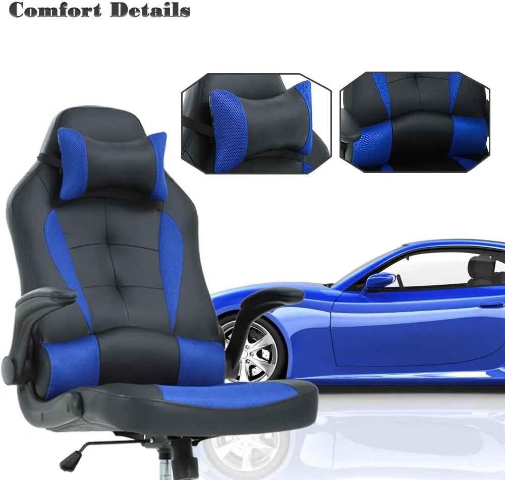 Gaming Chair Office Chair Desk Chair with Lumbar Support Flip Up Arms Headrest PU Leather Swivel Rolling Adjustable High Back Racing Computer Chair for Women Men Adults,Blue