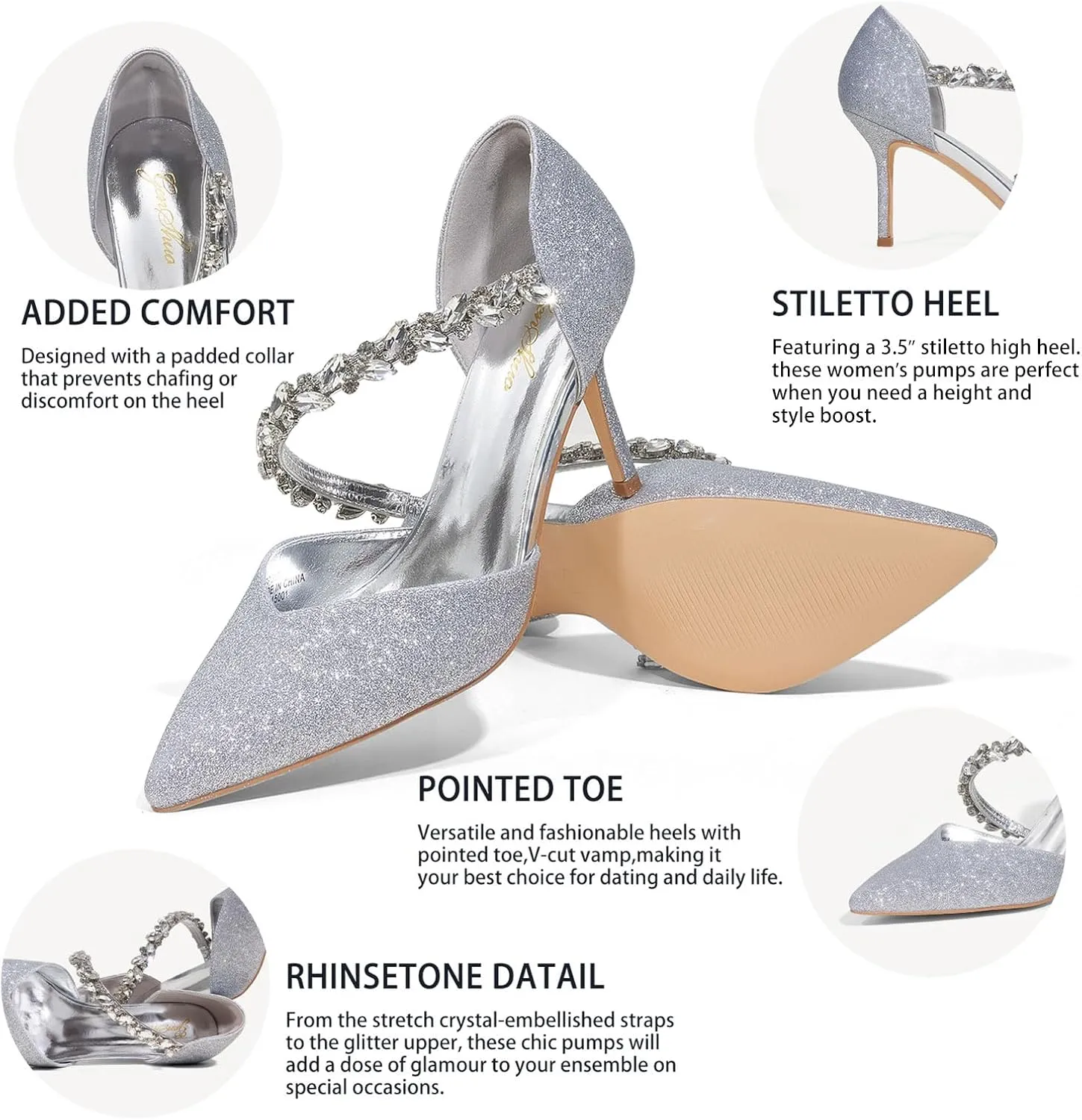 GENSHUO Women's 3.5 inches Closed Toe High Heels Stiletto Pointed Toe with Pearl Strappy Dress Wedding Party Pumps Shoes