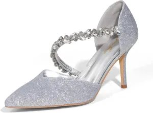 GENSHUO Women's 3.5 inches Closed Toe High Heels Stiletto Pointed Toe with Pearl Strappy Dress Wedding Party Pumps Shoes
