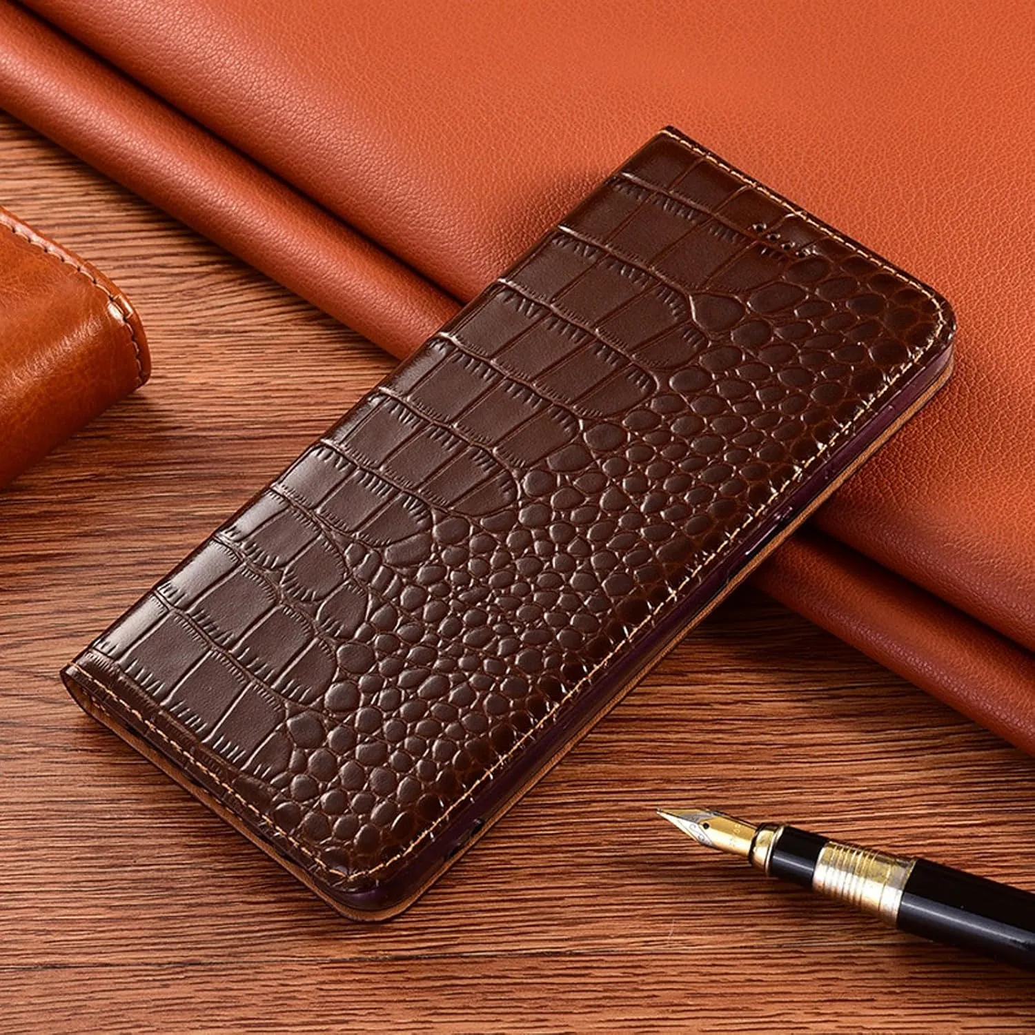 Genuine Leather Case for Samsung Galaxy S25 Ultra/S25 Plus/S25, Crocodile Pattern Flip Wallet Stand Case Full Body Protection Cover,Brown,S25