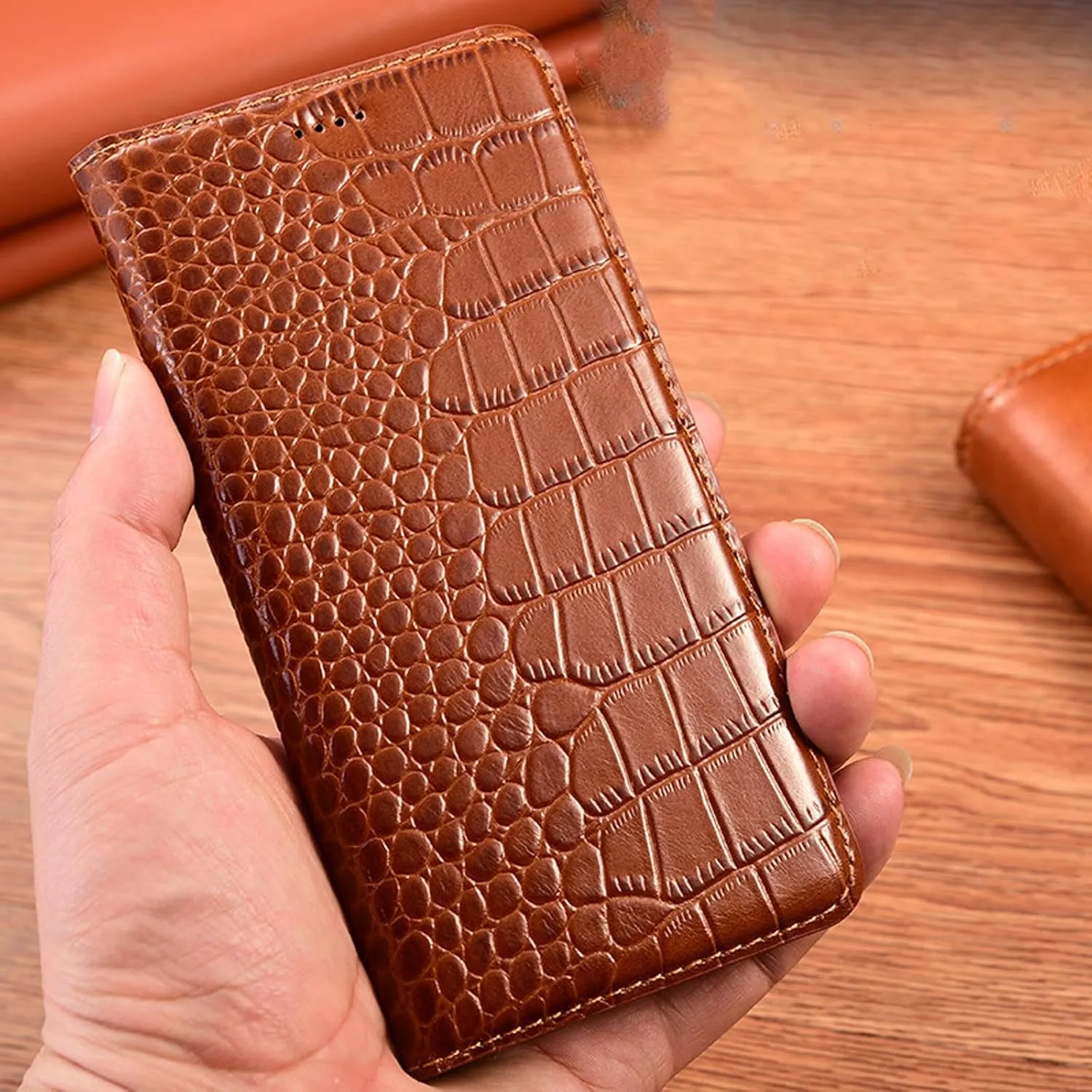 Genuine Leather Case for Samsung Galaxy S25 Ultra/S25 Plus/S25, Crocodile Pattern Flip Wallet Stand Case Full Body Protection Cover,Brown,S25