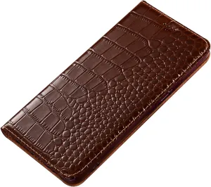 Genuine Leather Case for Samsung Galaxy S25 Ultra/S25 Plus/S25, Crocodile Pattern Flip Wallet Stand Case Full Body Protection Cover,Brown,S25
