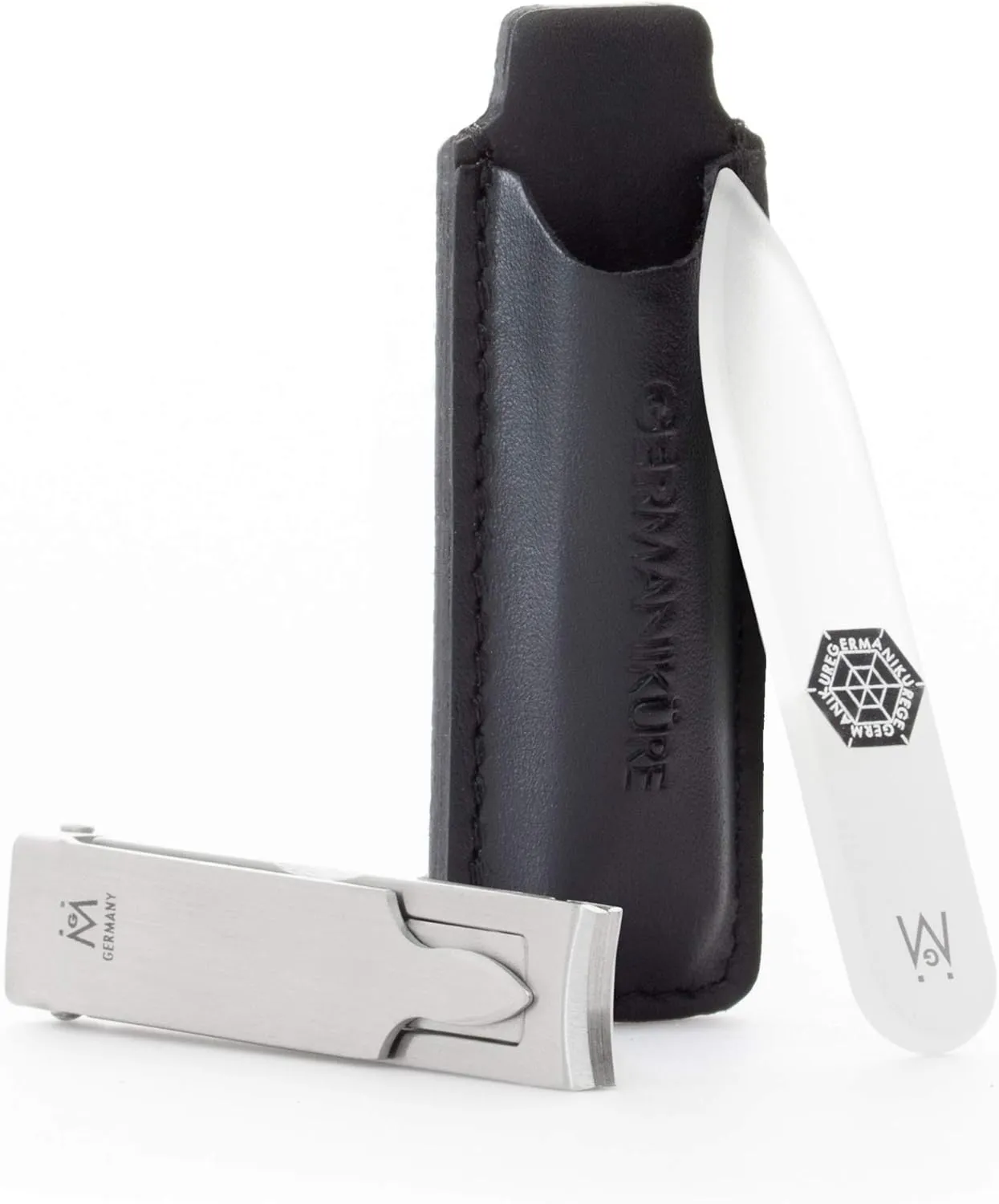 GERMANIKURE Pocket Nail Clipper and Glass Nail File Set in Leather Case - Made in Germany of FINOX Stainless Steel, Glass Made in Czech Republic, Travel Nail Care Supplies