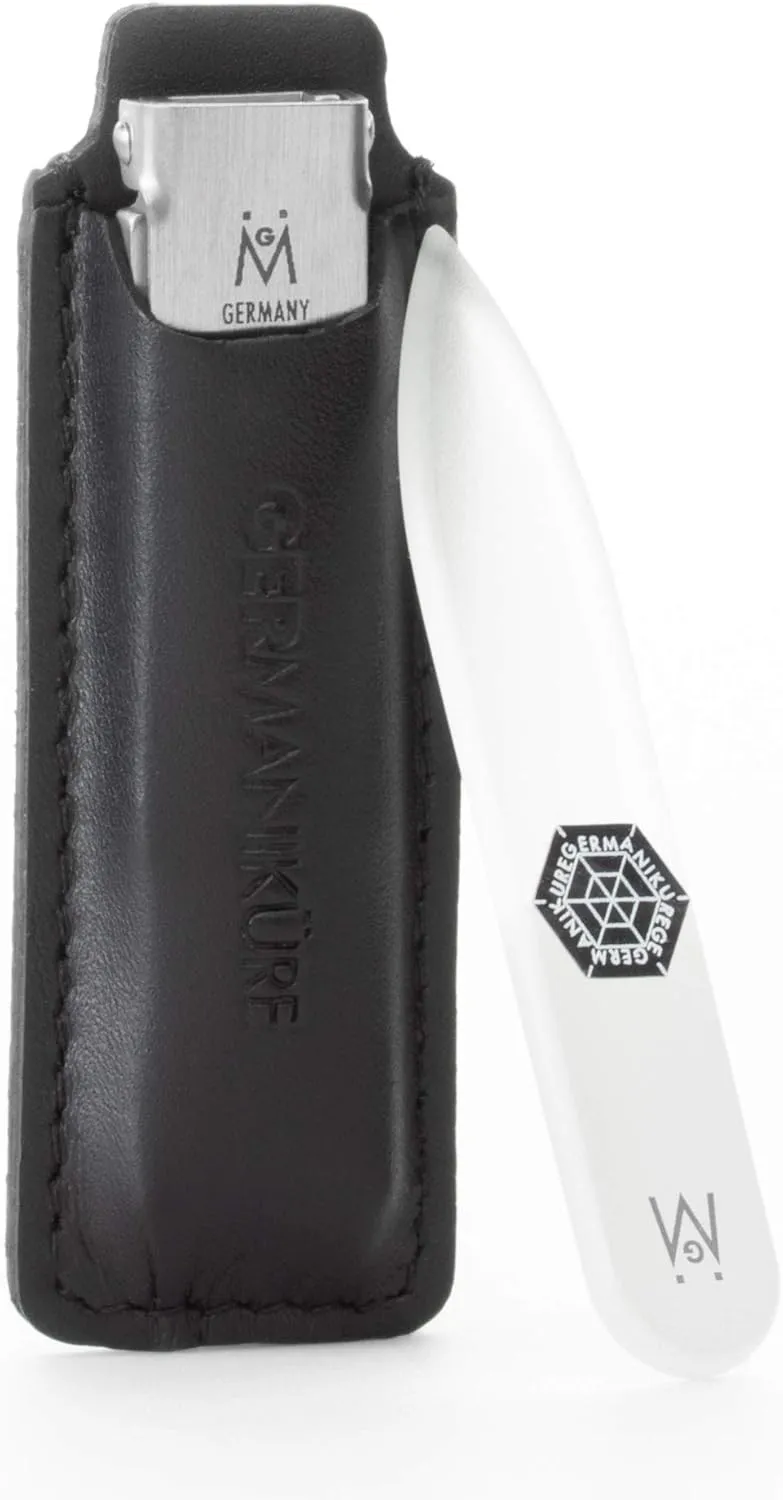 GERMANIKURE Pocket Nail Clipper and Glass Nail File Set in Leather Case - Made in Germany of FINOX Stainless Steel, Glass Made in Czech Republic, Travel Nail Care Supplies