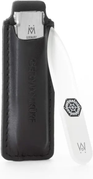 GERMANIKURE Pocket Nail Clipper and Glass Nail File Set in Leather Case - Made in Germany of FINOX Stainless Steel, Glass Made in Czech Republic, Travel Nail Care Supplies