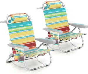 Giantex 2-Pack Backpack Beach Chair - Foldable Camping Chair with 5 Adjustable Position, Cup Holder, Storage Pockets, Straps, Towel Rack, Pillow, Lay Flat Lawn Chair for Patio Outdoor (2,Color Stripe)