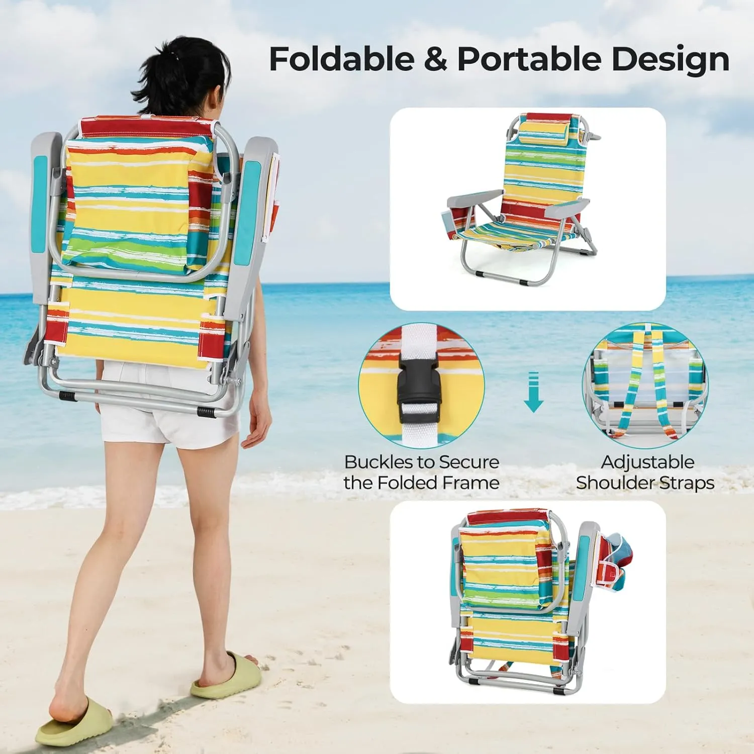 Giantex 2-Pack Backpack Beach Chair - Foldable Camping Chair with 5 Adjustable Position, Cup Holder, Storage Pockets, Straps, Towel Rack, Pillow, Lay Flat Lawn Chair for Patio Outdoor (2,Color Stripe)