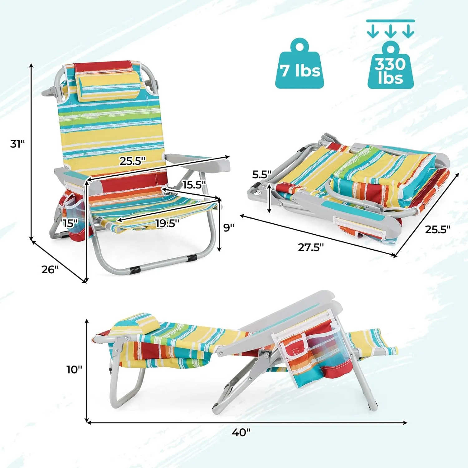 Giantex 2-Pack Backpack Beach Chair - Foldable Camping Chair with 5 Adjustable Position, Cup Holder, Storage Pockets, Straps, Towel Rack, Pillow, Lay Flat Lawn Chair for Patio Outdoor (2,Color Stripe)