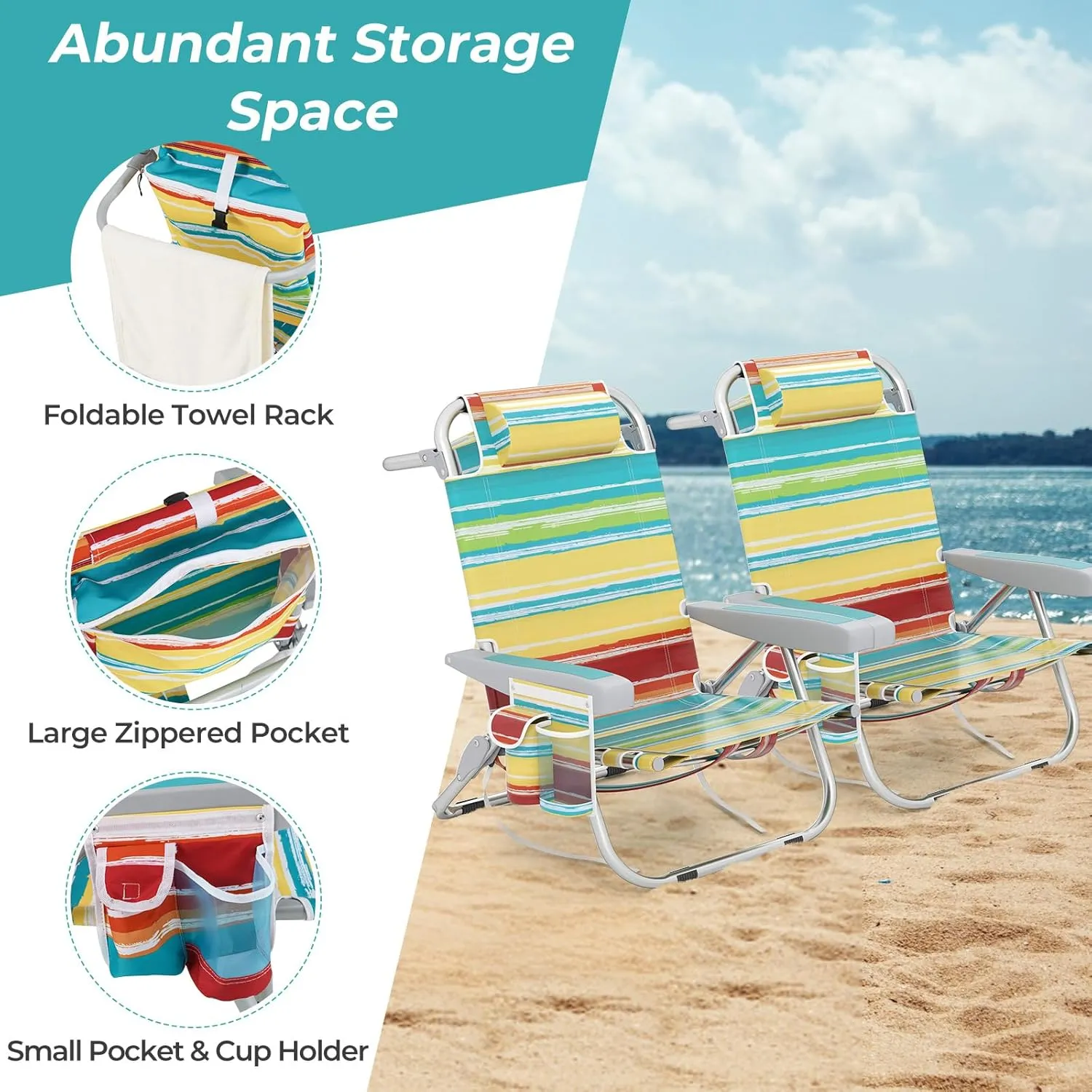 Giantex 2-Pack Backpack Beach Chair - Foldable Camping Chair with 5 Adjustable Position, Cup Holder, Storage Pockets, Straps, Towel Rack, Pillow, Lay Flat Lawn Chair for Patio Outdoor (2,Color Stripe)