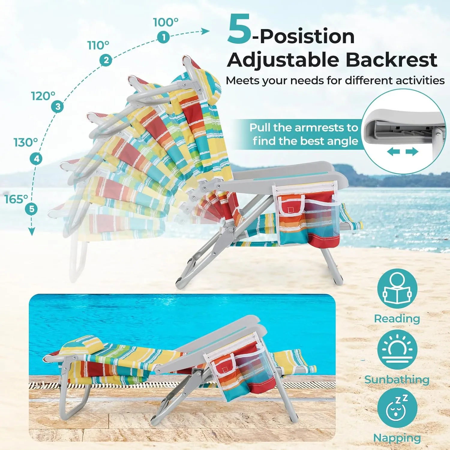 Giantex 2-Pack Backpack Beach Chair - Foldable Camping Chair with 5 Adjustable Position, Cup Holder, Storage Pockets, Straps, Towel Rack, Pillow, Lay Flat Lawn Chair for Patio Outdoor (2,Color Stripe)