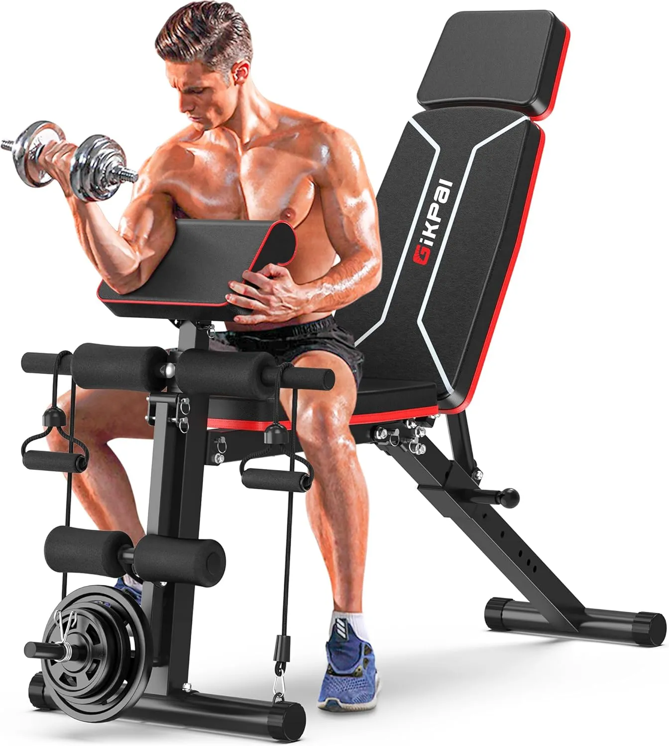 GIKPAL Adjustable Weight Bench - Bench Press for Full Body Workout, Foldable Workout Bench for Home Gym, Strength Training Bench to Incline Decline Flat w/Leg Extension and Pracher Pad (Red)