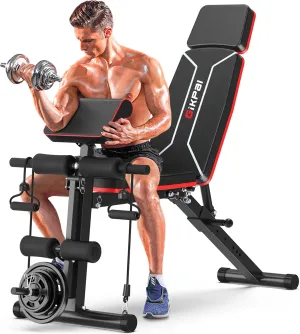 GIKPAL Adjustable Weight Bench - Bench Press for Full Body Workout, Foldable Workout Bench for Home Gym, Strength Training Bench to Incline Decline Flat w/Leg Extension and Pracher Pad (Red)