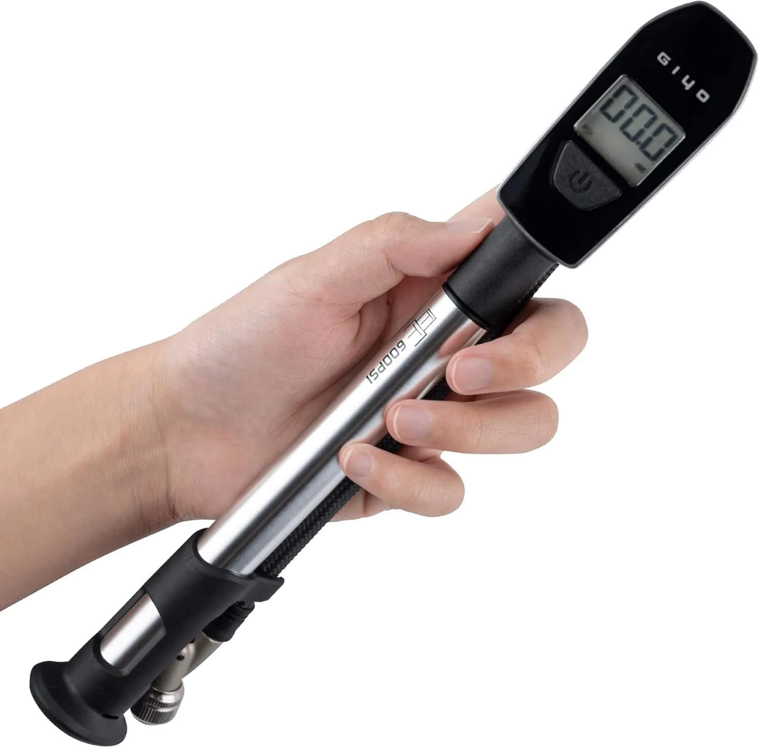 GIYO Digital Shock Pump 600 PSI – Turbo-Assist for Easy Inflation, Micro Air-Bleeder, Robust Aluminum Barrel, Comfort Grip & Braided Hose, Ideal for Fork & Rear Suspension GS-52L