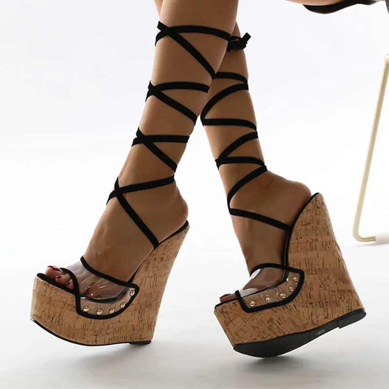 Gladiator Wedges Sandals Women Fashion Ankle Lace Up Shoes Sexy Transparent PVC Peep Toe Platform High Heels Size 35-42