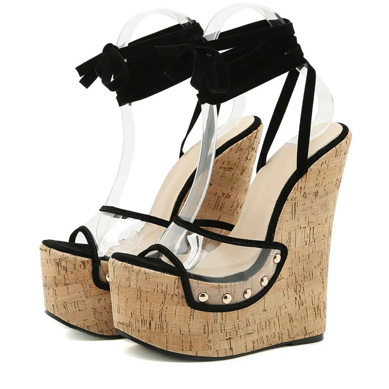 Gladiator Wedges Sandals Women Fashion Ankle Lace Up Shoes Sexy Transparent PVC Peep Toe Platform High Heels Size 35-42