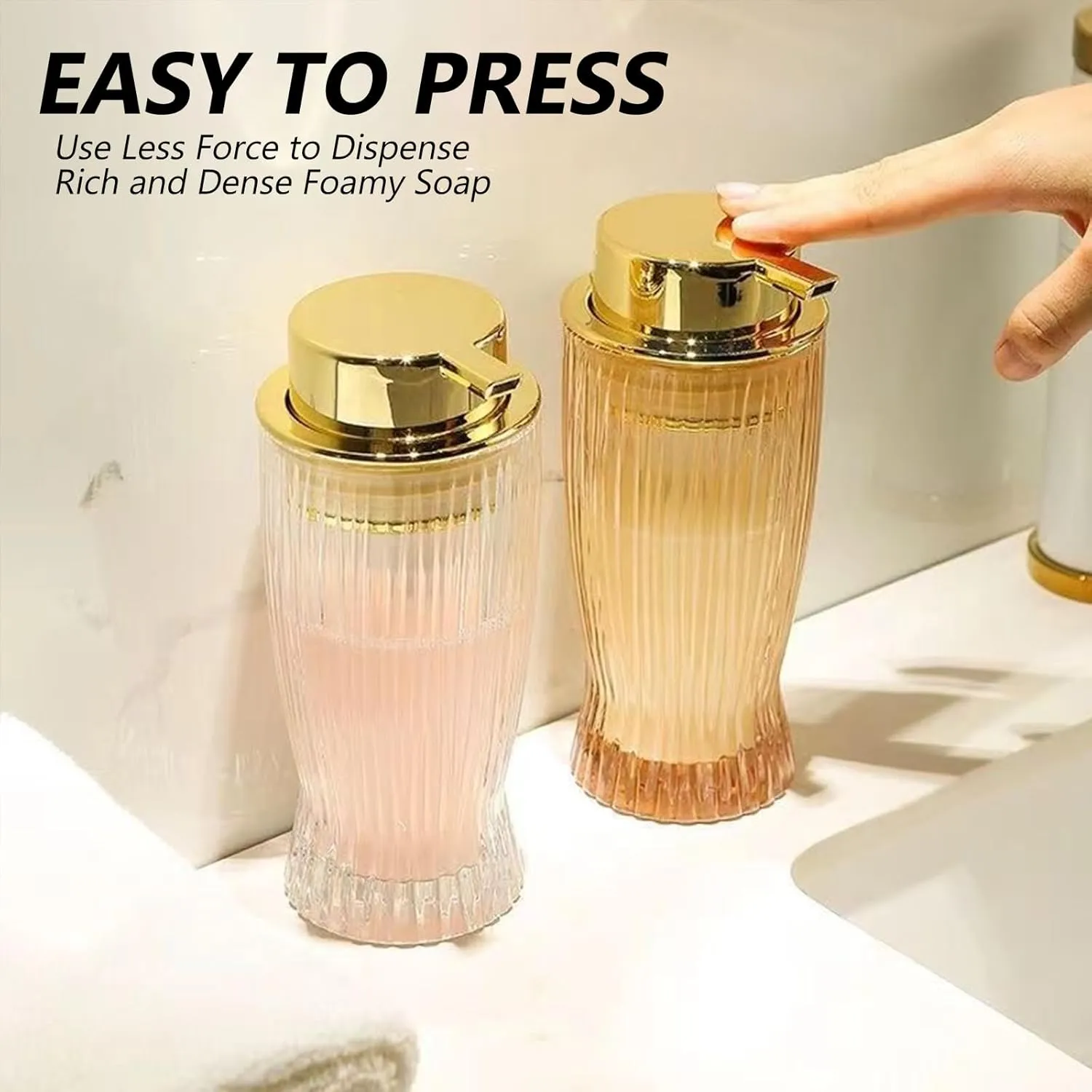 Glass Foam Soap Dispenser, 12 Oz Refillable Lotion Dispenser with Gold Pump, Hand Soap Dispenser for Bathroom Kitchen, Modern Home Bathroom Kitchen Decor (Grey with Lotion Pump)