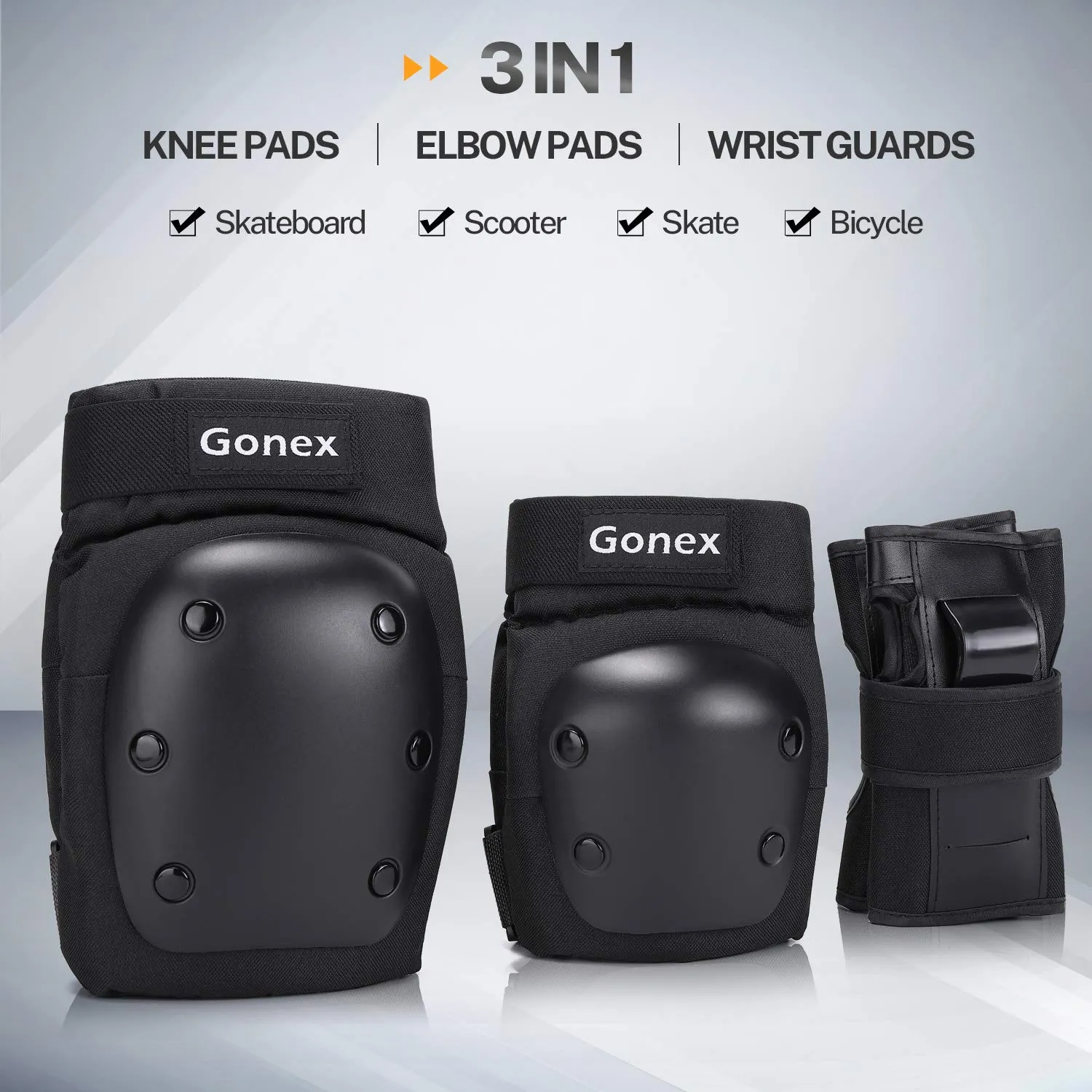 Gonex Knee Pads Elbow Pads with Wrist Guards, Kids Youth Adult Skateboard Skate Pads 3 in 1 Protective Gear Set for Skateboarding Skating Roller Skating Scooter Cycling Biking Bicycle, Black M